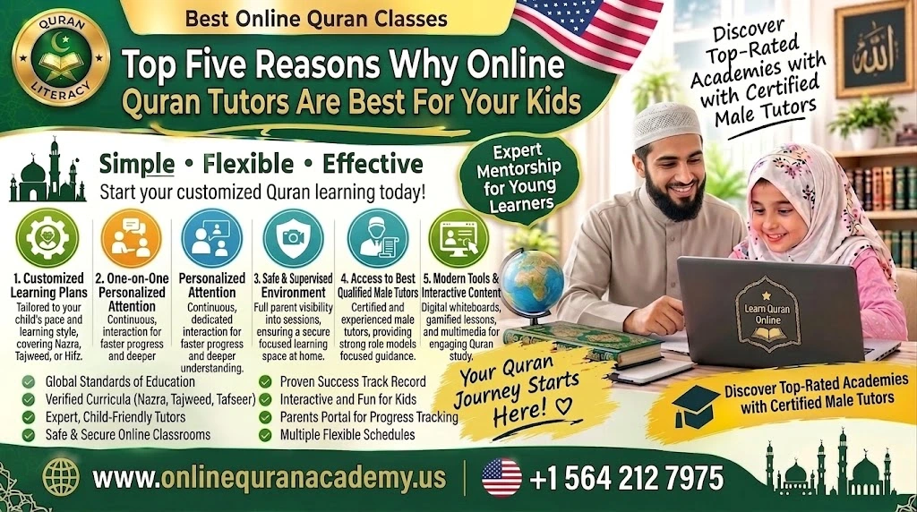 Child learning Quran online with a certified tutor on a laptop video call at home in the USA