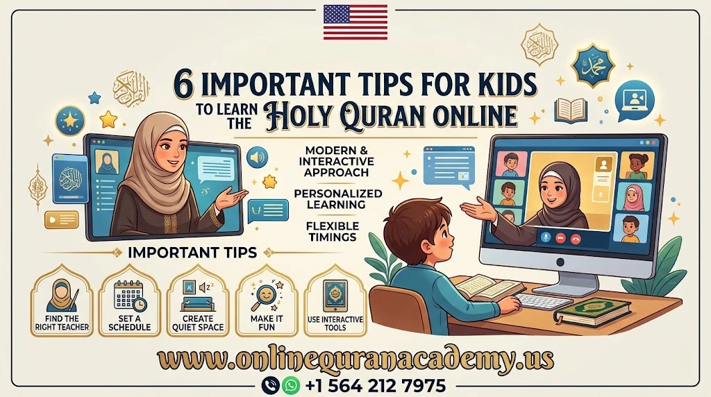 Muslim child learning the Holy Quran online with a certified tutor on a laptop, representing online Quran classes for kids in USA