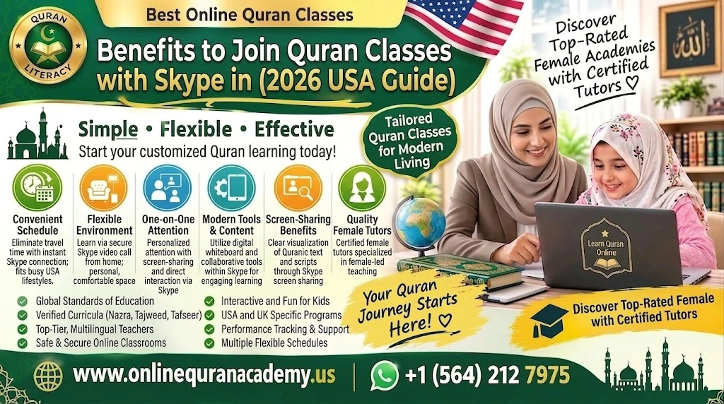 Muslim child learning Quran online with a certified teacher during a video call class in the USA