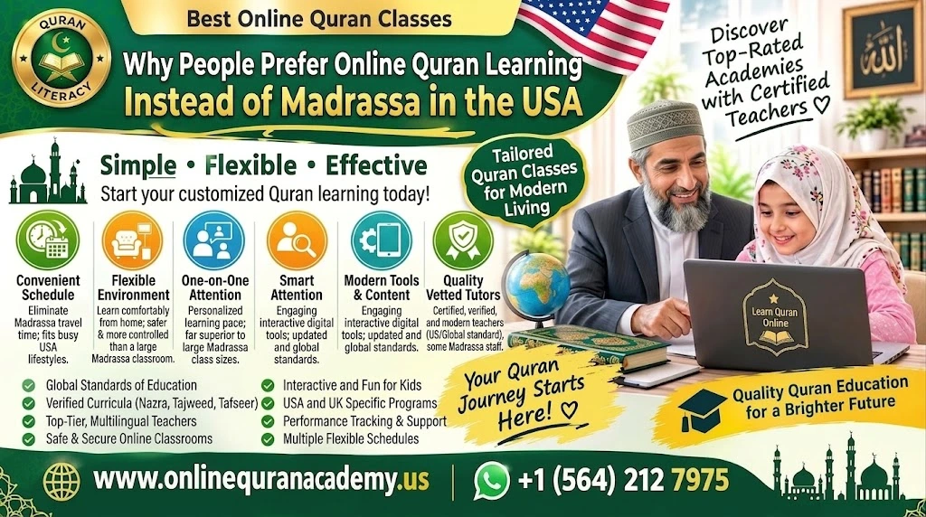 American Muslim child learning Quran online with a certified tutor via video call instead of attending a traditional madrassa