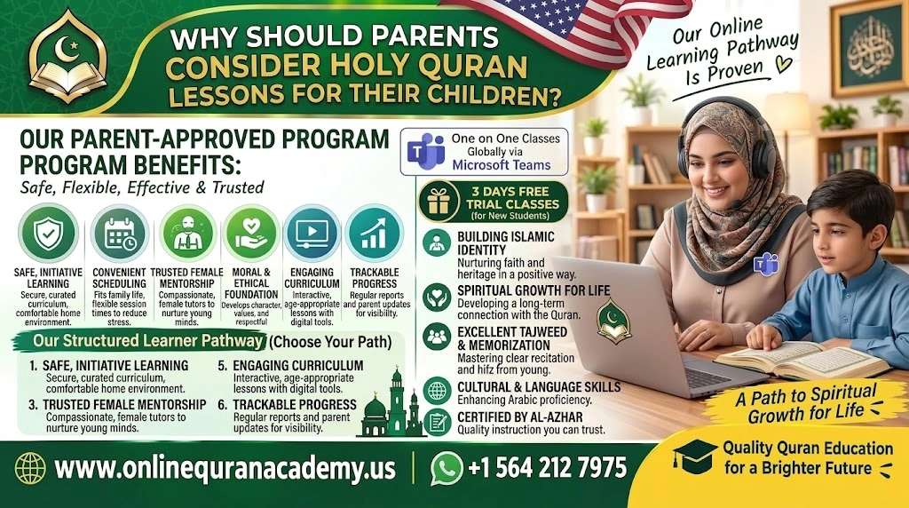 Muslim child learning Quran online with a certified tutor — Quran lessons for children in the USA
