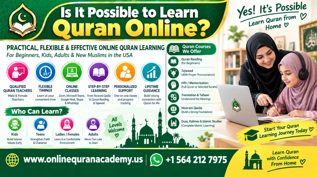 Muslim student learning Quran online with a certified tutor via live video class