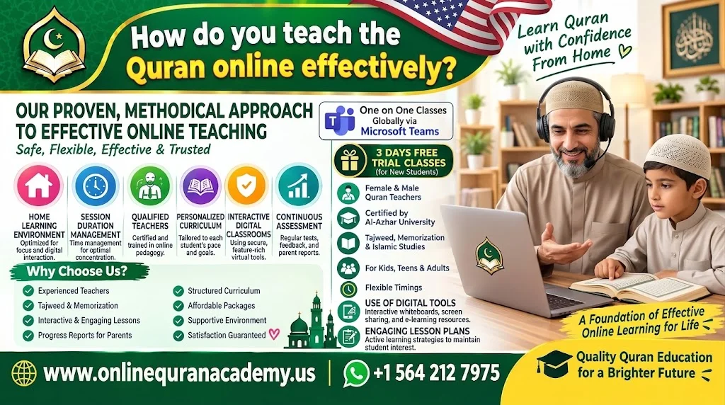 Online Quran tutor teaching a student Tajweed correction via video call using screen-shared Mushaf