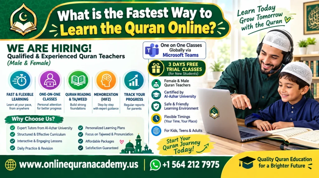 Muslim student learning Quran online with a certified tutor on a laptop video call