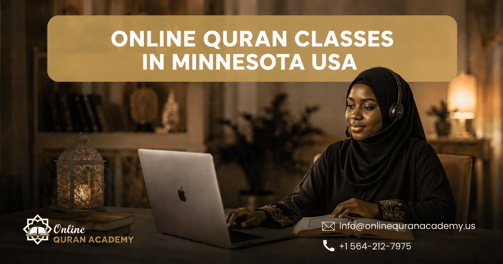 Online Quran classes in Minnesota USA — Muslim woman in hijab learning Quran online via laptop at Online Quran Academy US