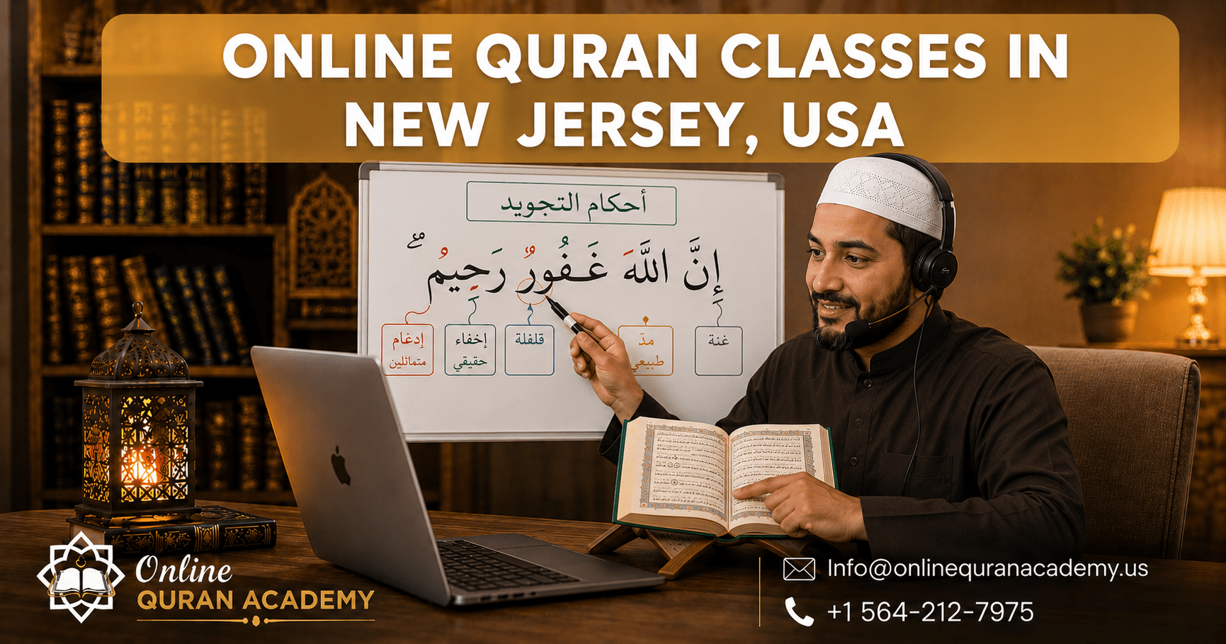 Online Quran Classes in New Jersey, USA featuring a certified Quran teacher conducting a live Tajweed lesson online with a laptop, Quran, and interactive Arabic learning board in a professional virtual classroom.