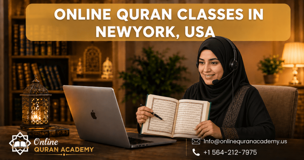 Online Quran classes in New York USA — certified female Quran tutor wearing hijab and headset teaching live one-on-one Quran lesson online via laptop at Online Quran Academy