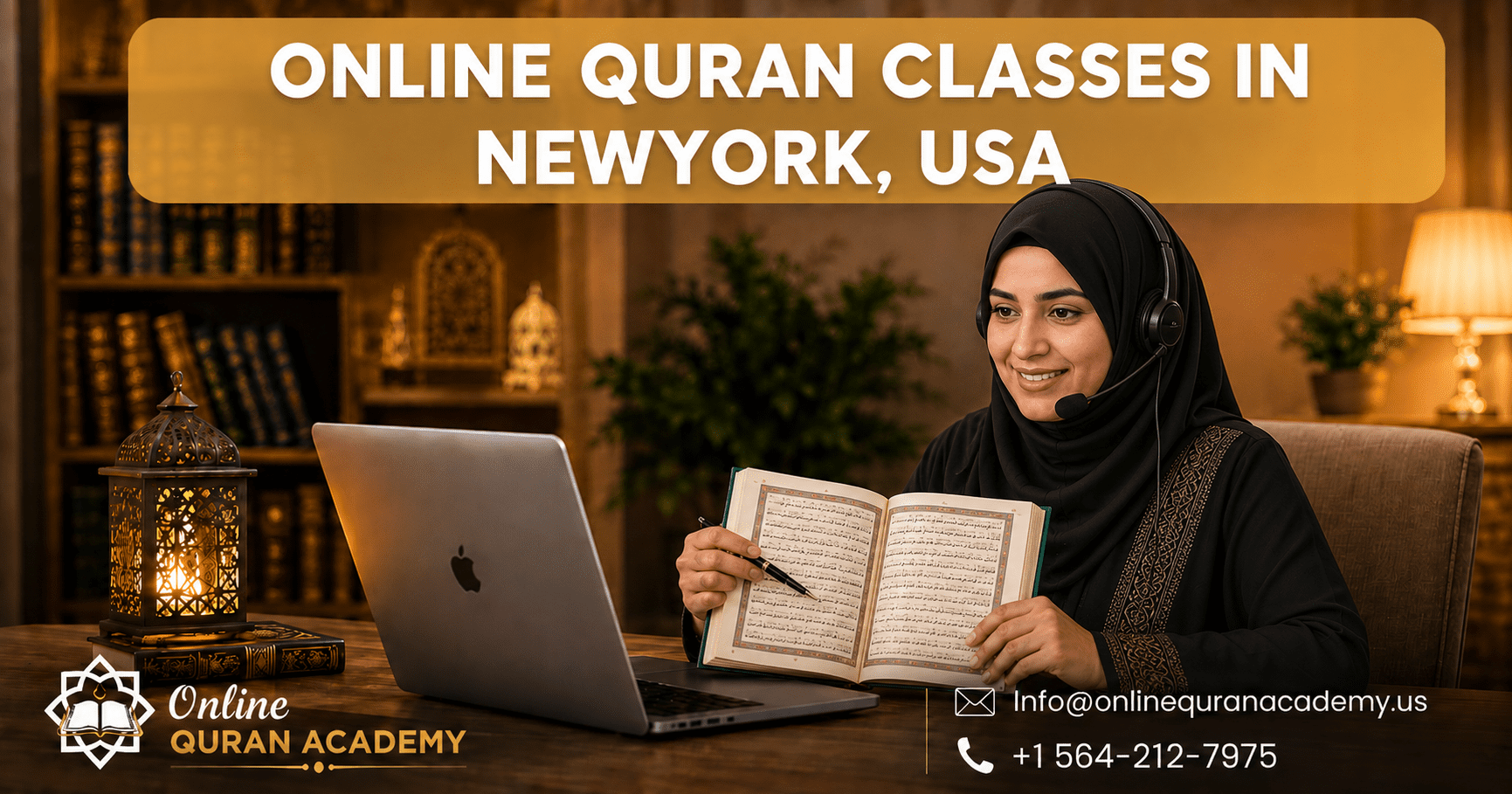 Online Quran classes in New York USA — certified female Quran tutor wearing hijab and headset teaching live one-on-one Quran lesson online via laptop at Online Quran Academy
