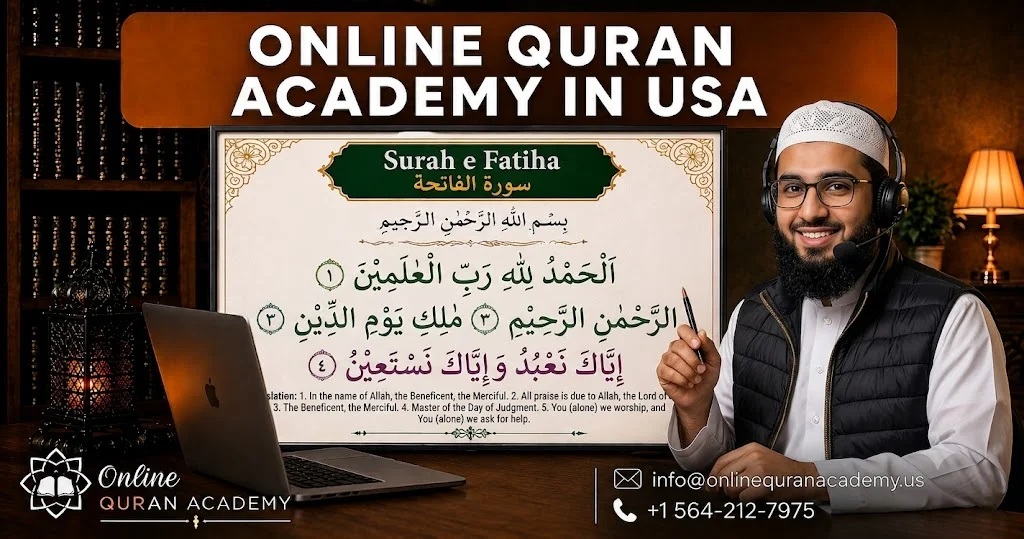 Happy young student smiling during online Quran academy class in USA
