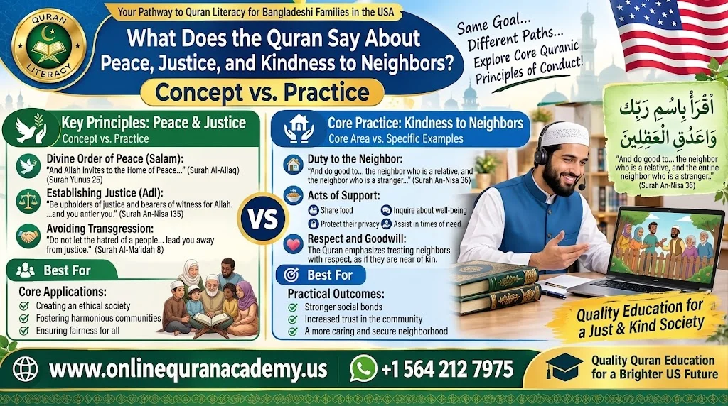Quran teachings on peace, justice, and kindness to neighbors for Muslim families in the USA