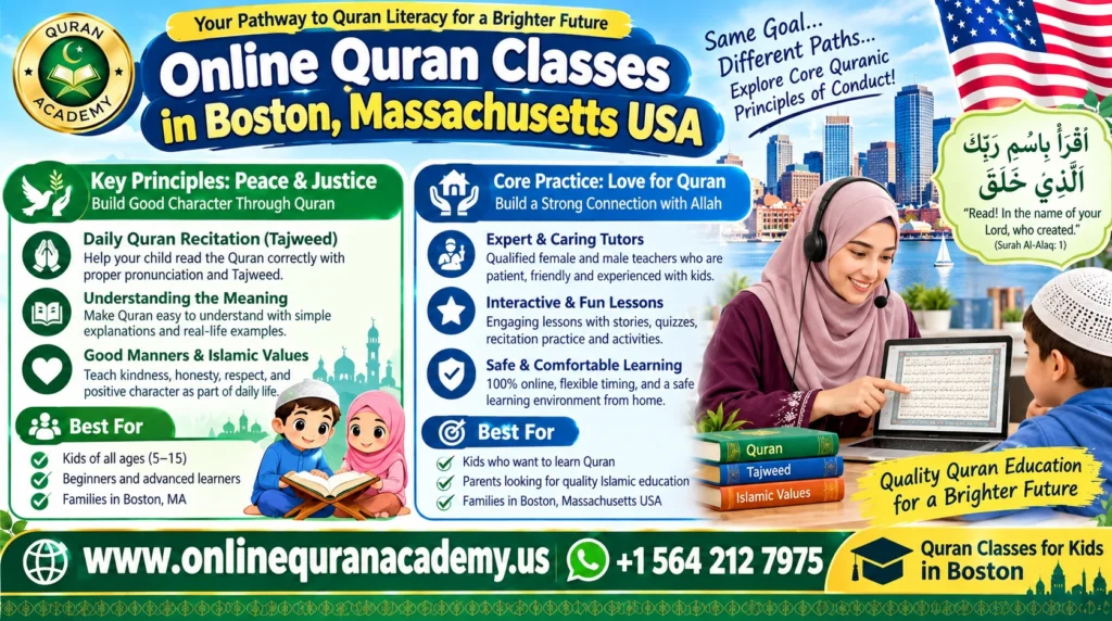 Student learning Quran online with a live tutor on a laptop at home in Boston